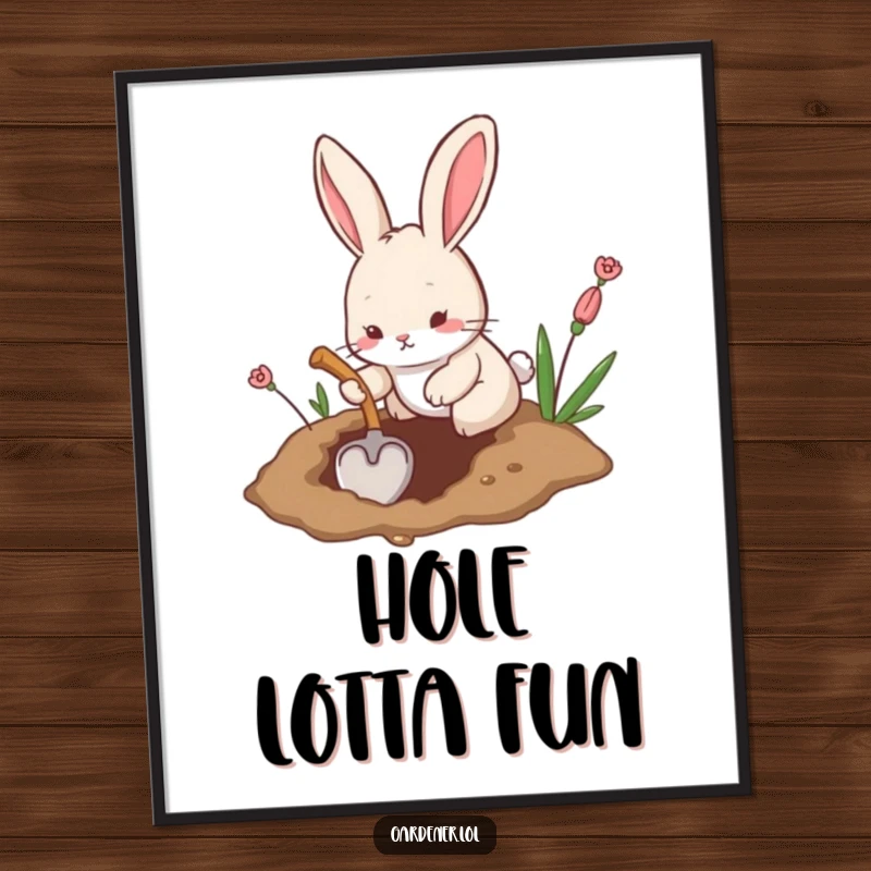 Funny digital art print of a playful rabbit diligently digging a hole with a tiny shovel, capturing humorous industriousness.