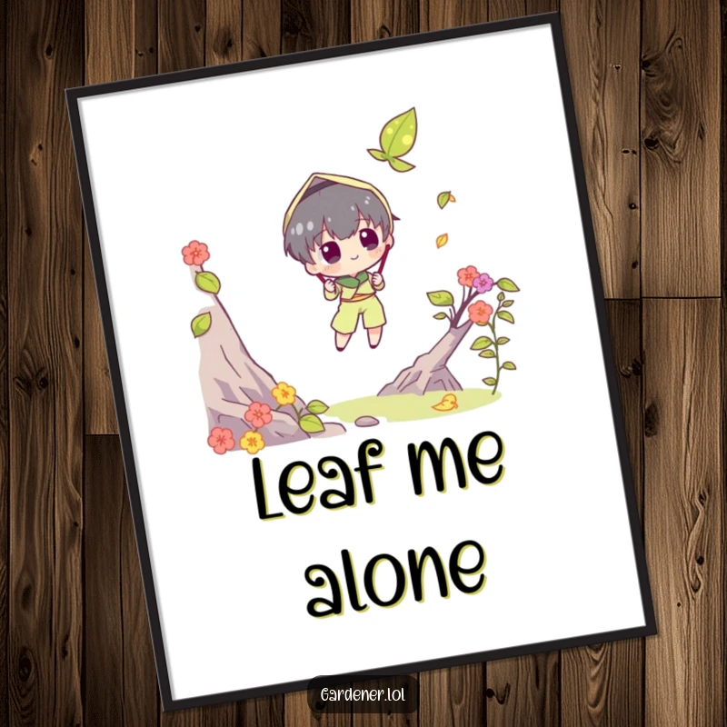 Funny digital art print of a character trying to catch a falling leaf with a butterfly net. Charming and humorous funny gift.