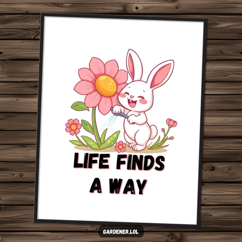 Funny digital art print of a happy rabbit character gleefully watering a giant, smiling flower, perfect for instant, humorous garden-themed wall decor.