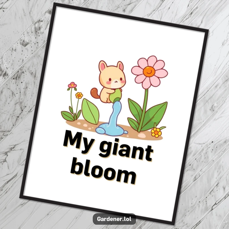 Funny digital art print of a small animal character joyfully watering a comically large flower, offering instant cheerful botanical decor.