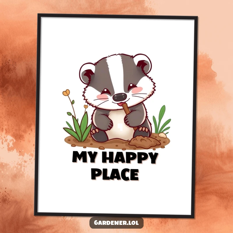 Funny digital art print: A delighted badger gardener with dirt smudges on its nose digs enthusiastically, embodying hard work and joy.