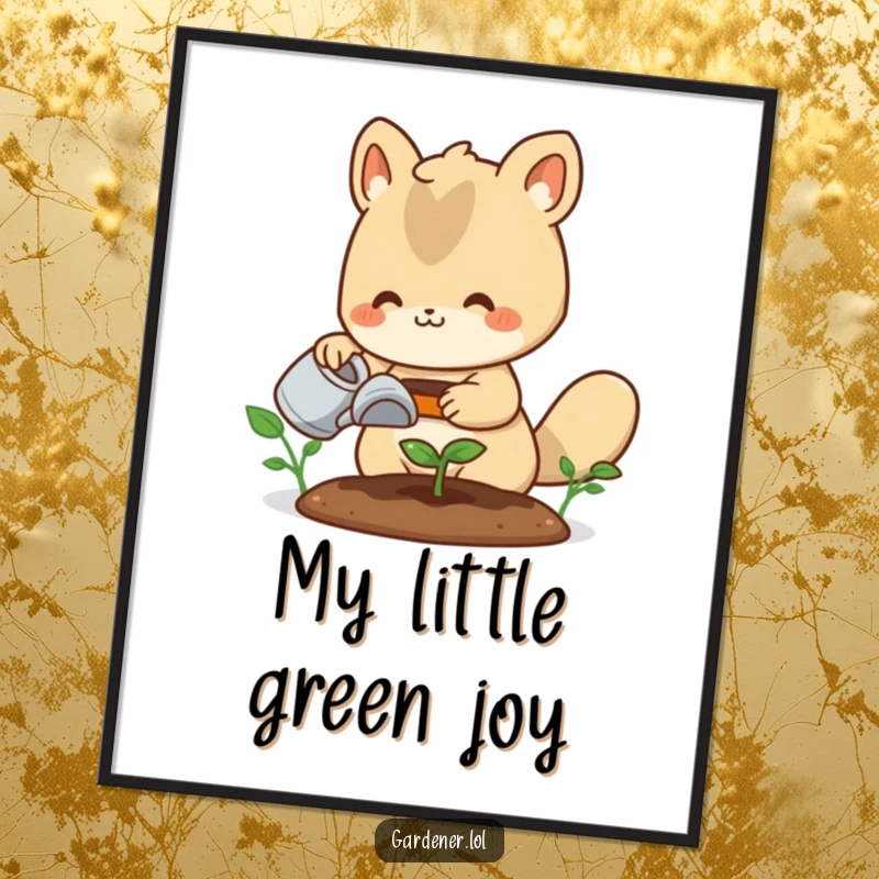 Funny digital art print: A cute animal gardener happily waters a tiny sprout, symbolizing growth, care, and natural beauty.