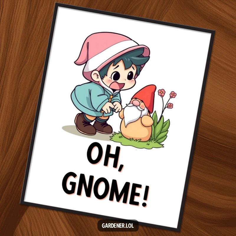Funny digital art print of a character comically tripping over a garden gnome, looking startled. Instant humor for your space, a unique funny gift.