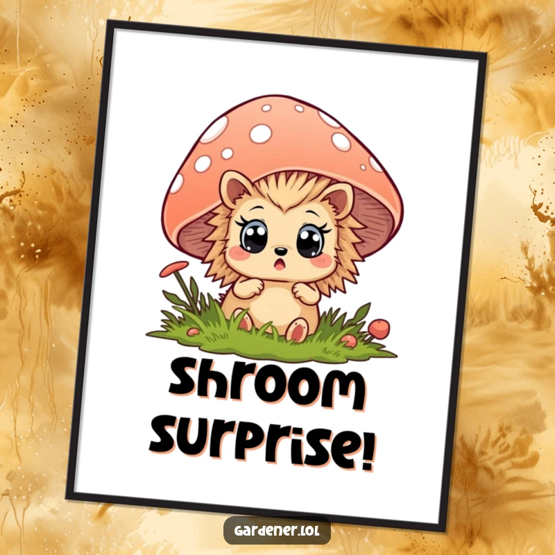 Funny hedgehog digital art print of a surprised animal peeking from behind a mushroom, perfect for instant wall decor.