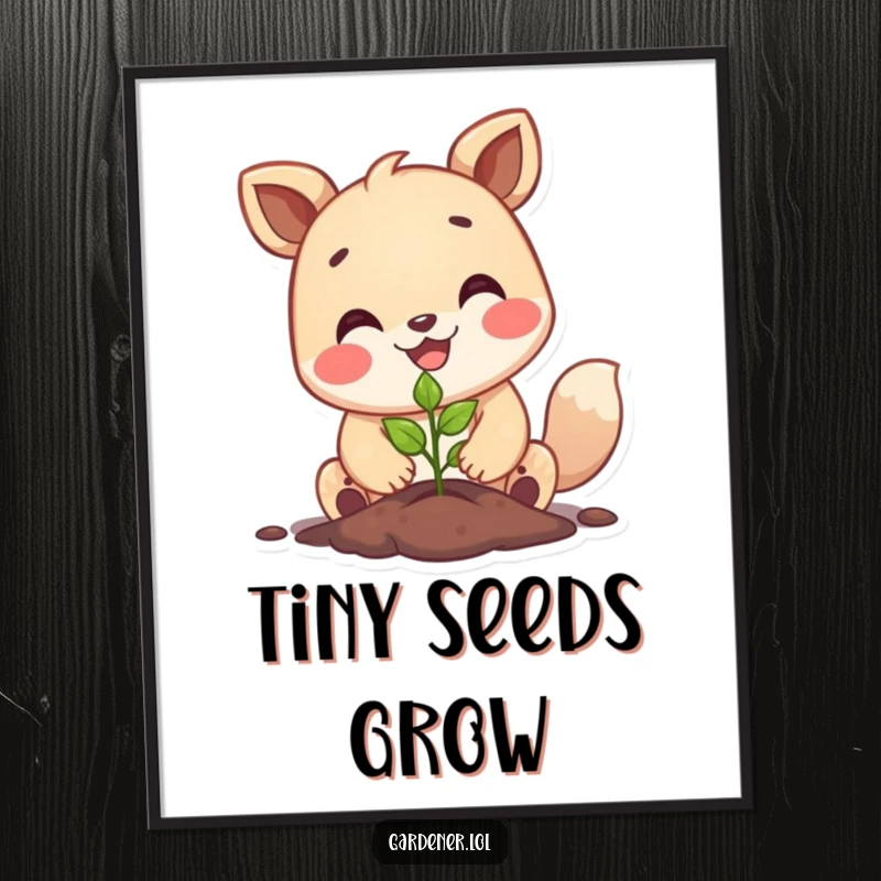 Funny happy animal planting a tiny seedling with a big smile, printable digital art, whimsical gardening decor.