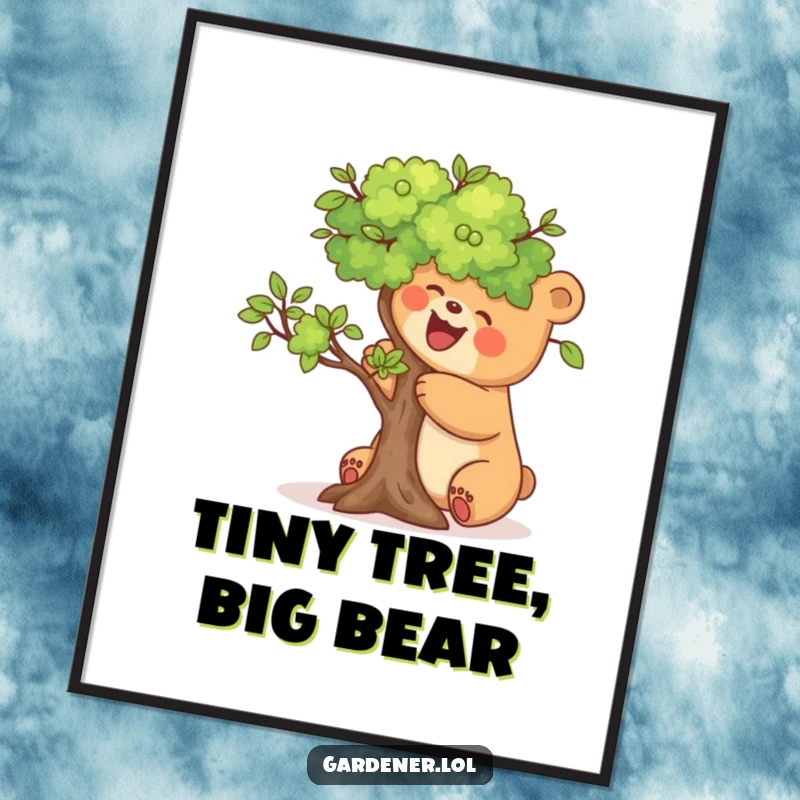 Funny digital art print of a joyful bear carefully pruning a miniature tree, perfect for instant wall decor and peace.