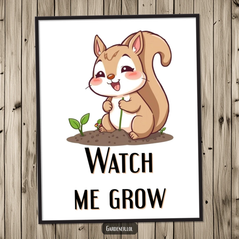 Funny digital art print of an excited squirrel character planting seeds cheerfully, perfect for instant, humorous garden-themed wall decor.