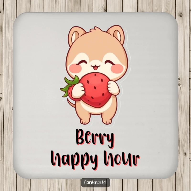 Funny drink coaster showing a cute animal character looking with glee at a plump, happy strawberry, protecting surfaces with humor.
