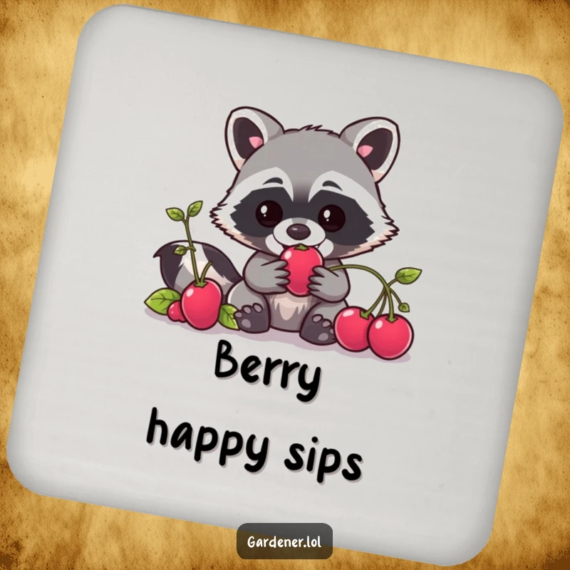 Funny Kawaii raccoon gardener coaster featuring a mischievous character trying to steal a berry, protecting surfaces humorously.