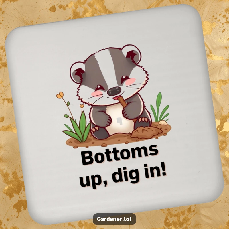 Funny drink coaster: A delighted badger gardener with dirt on its nose digs enthusiastically, protecting surfaces with rustic charm.