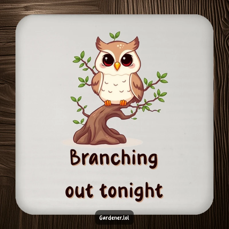 Funny owl character tending to a bonsai tree, designed as a protective and funny coaster.