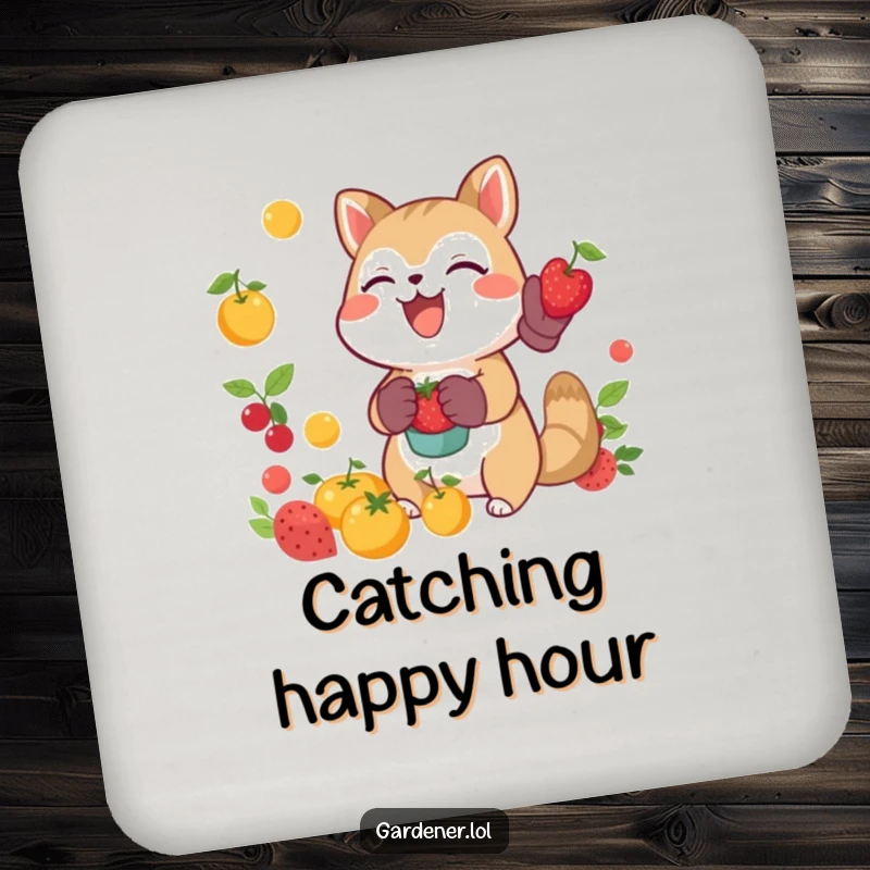 Funny joyful animal catching falling fruit with gardening gloves, protective drink coaster, whimsical harvest accessory.