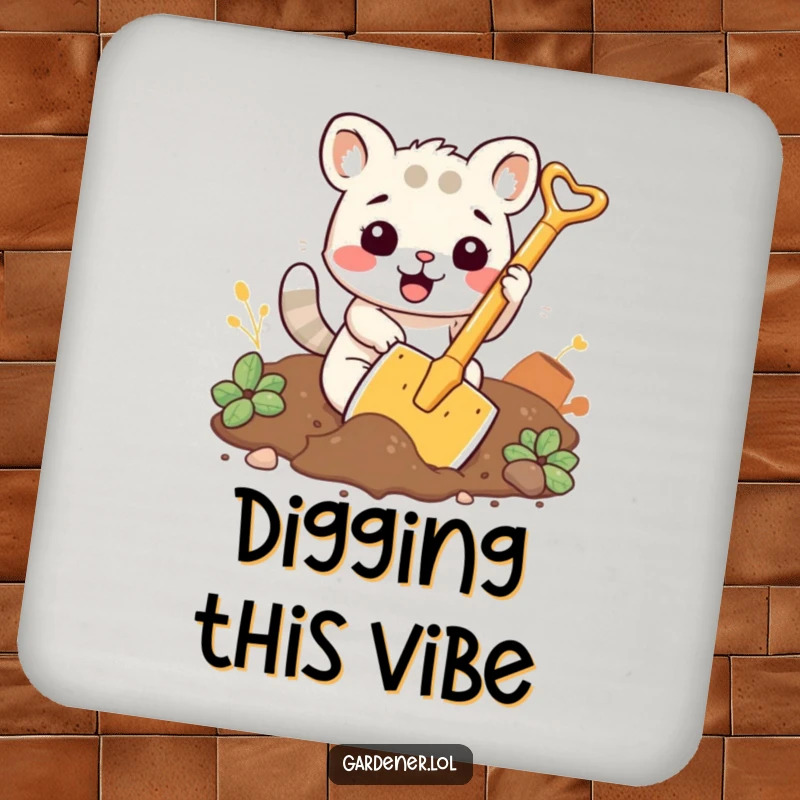 Funny drink coaster with a kawaii animal character enthusiastically digging soil with a comically large shovel.