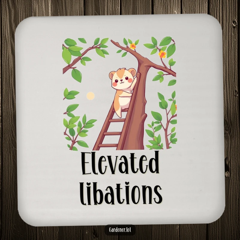 Funny determined animal climbing a ladder to reach high branches, protective drink coaster, motivational accessory.