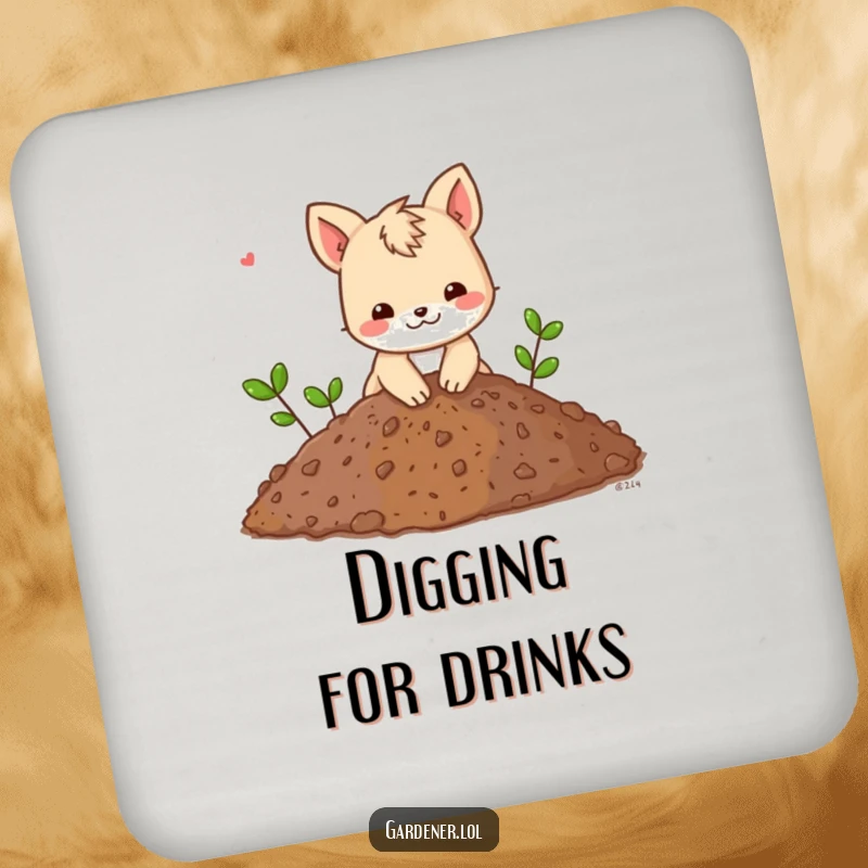 Funny drink coaster with an animal character playfully digging in a giant pile of soil, protecting surfaces with industrious humor.