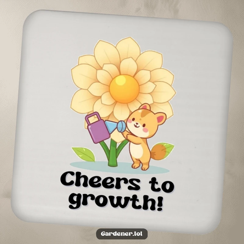 Funny Animal Gardener Coaster: Cute joyful animal character waters a giant flower with a watering can, protecting surfaces with natural humor, a funny gift.