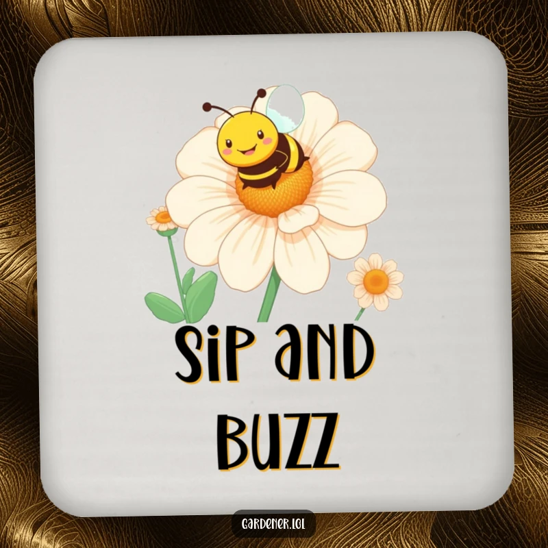 Funny bee flower coaster featuring a smiling character hovering over a giant blooming flower, a charming decor piece.