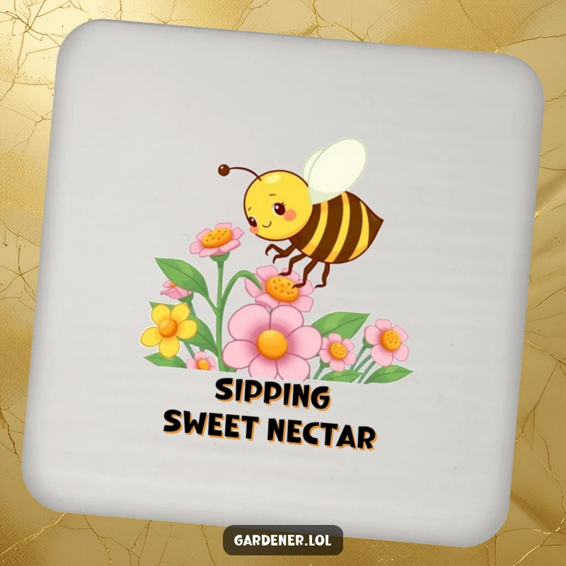 Funny drink coaster showing a busy bee character energetically pollinating a flower, offering protection with a charming garden design.