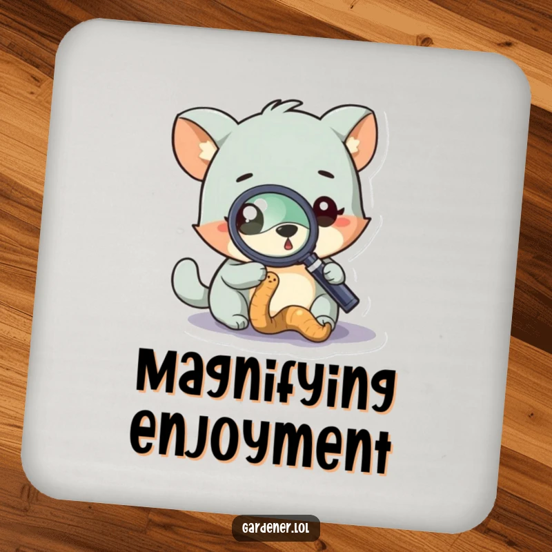 Funny drink coaster with a curious animal character examining a worm under a magnifying glass, protecting surfaces with wit.