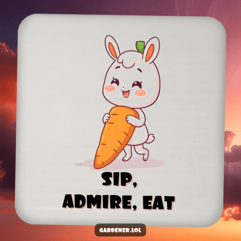 Funny coaster with a smiling character pulling an enormous carrot from the soil, delightful garden decor.