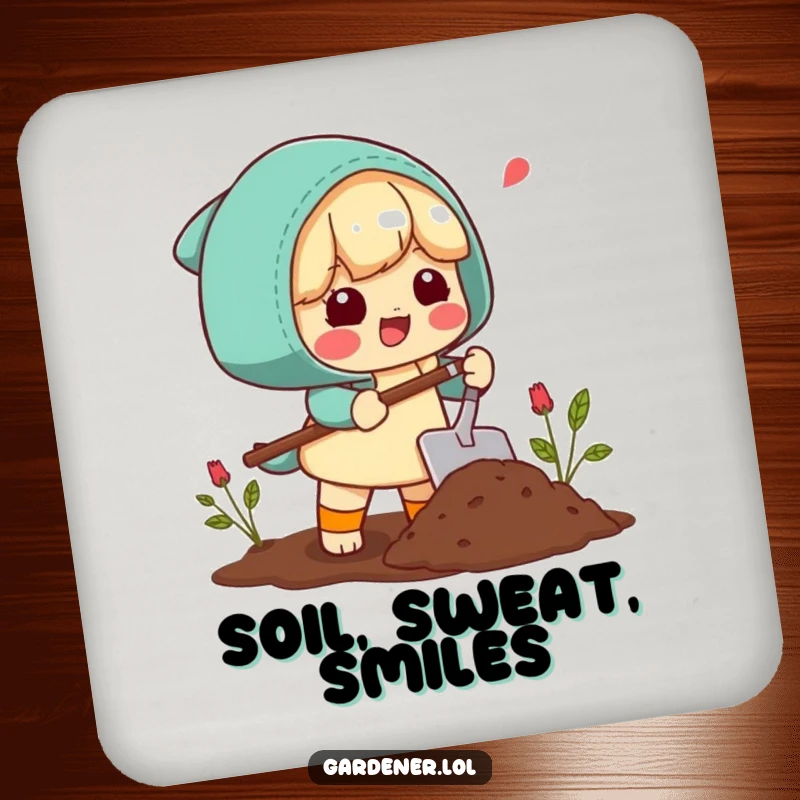 Funny Coasters: A character happily sighs while scooping soil with a trowel, adding garden humor and protecting surfaces.