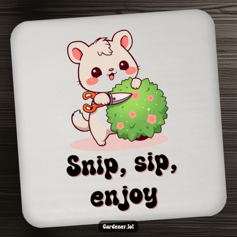 Funny drink coaster with a cute animal character cheerfully pruning a bush with tiny shears, offering a humorous touch to surface protection.