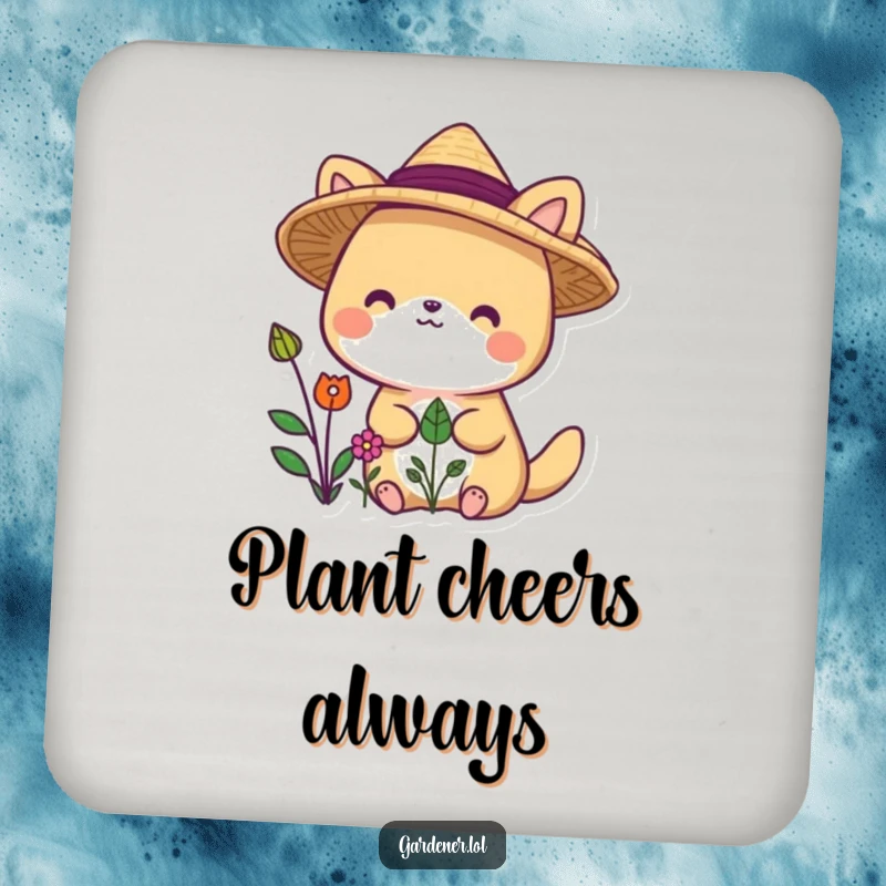 Funny animal character drink coasters with straw hat, delighted by plants, protecting surfaces.