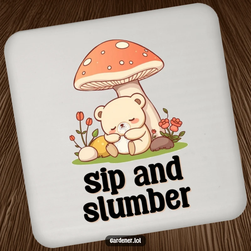 Funny Kawaii bear gardener coaster featuring a sleepy bear napping under a mushroom, for surface protection.