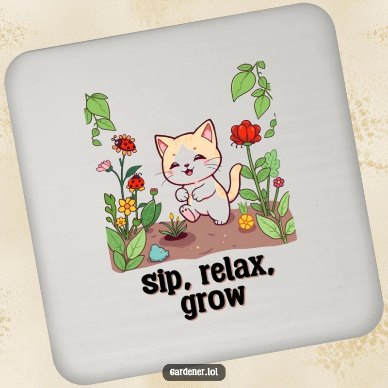 Funny Kawaii cat gardener drink coaster, featuring a playful cat chasing a ladybug among plants, adding humor to your table.