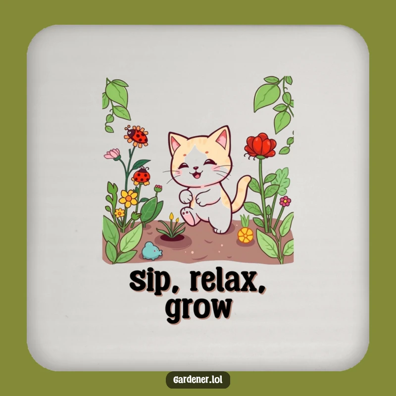 Funny Kawaii Cat Gardener Coaster, Playful Ladybug Chase, Protect Surfaces Hilarity