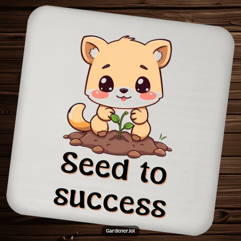 Funny coaster with a determined animal character planting a tiny seed, protecting surfaces with gardening-themed humor.