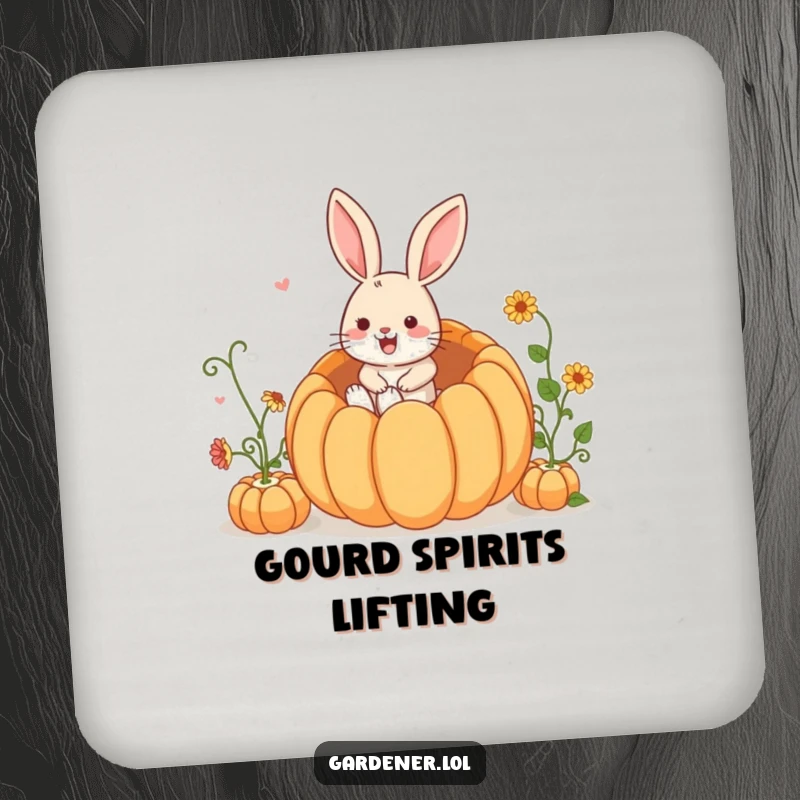 Funny Drink Coaster: A happy rabbit gardener leaps into a giant pumpkin, protecting your furniture with humor.