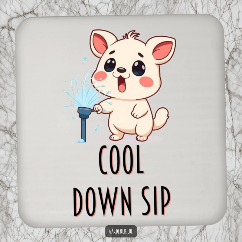 Funny drink coaster featuring a surprised animal character playfully sprayed by a lawn sprinkler, adding wet humor to surfaces.