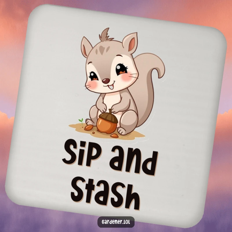Funny drink coaster with a curious squirrel planting an acorn with a smile, protecting surfaces with cute charm.