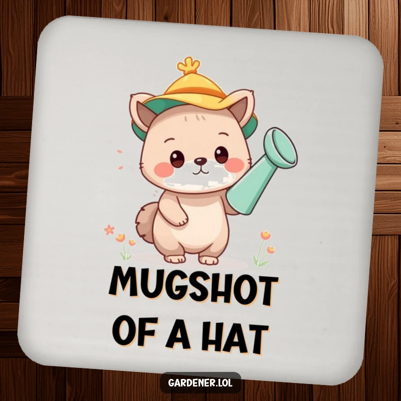 Funny drink coaster with a cute animal character humorously wearing a watering can as a hat, protecting surfaces with style.
