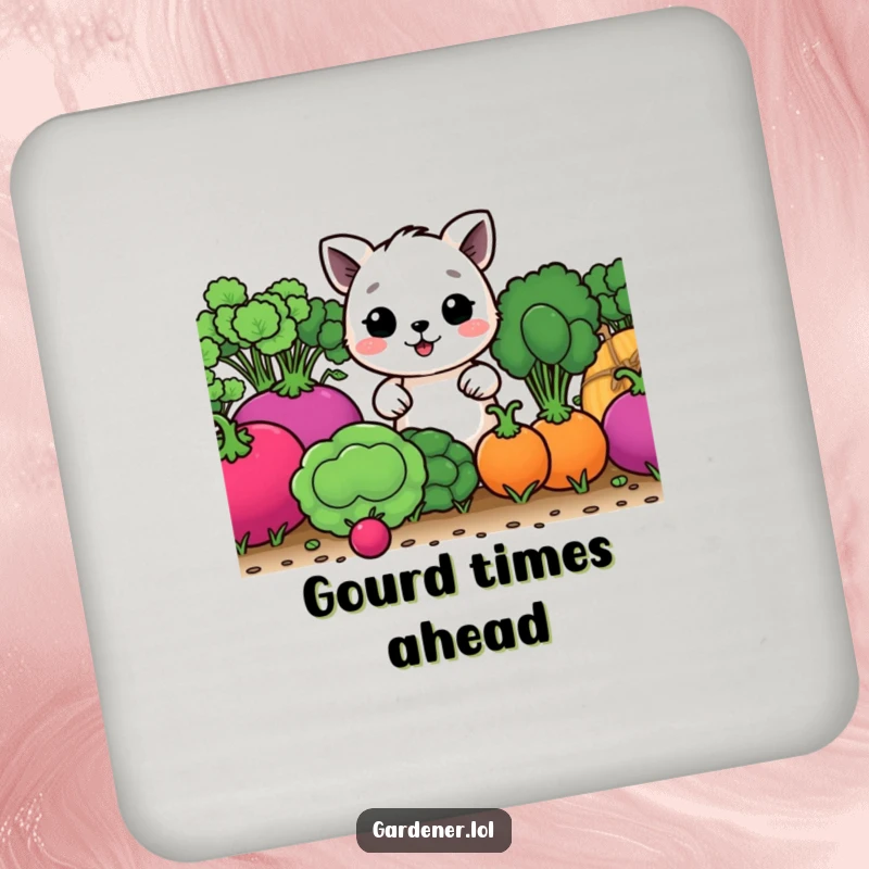 Funny drink coaster featuring a happy animal character tending giant vegetables, adding a humorous garden touch.