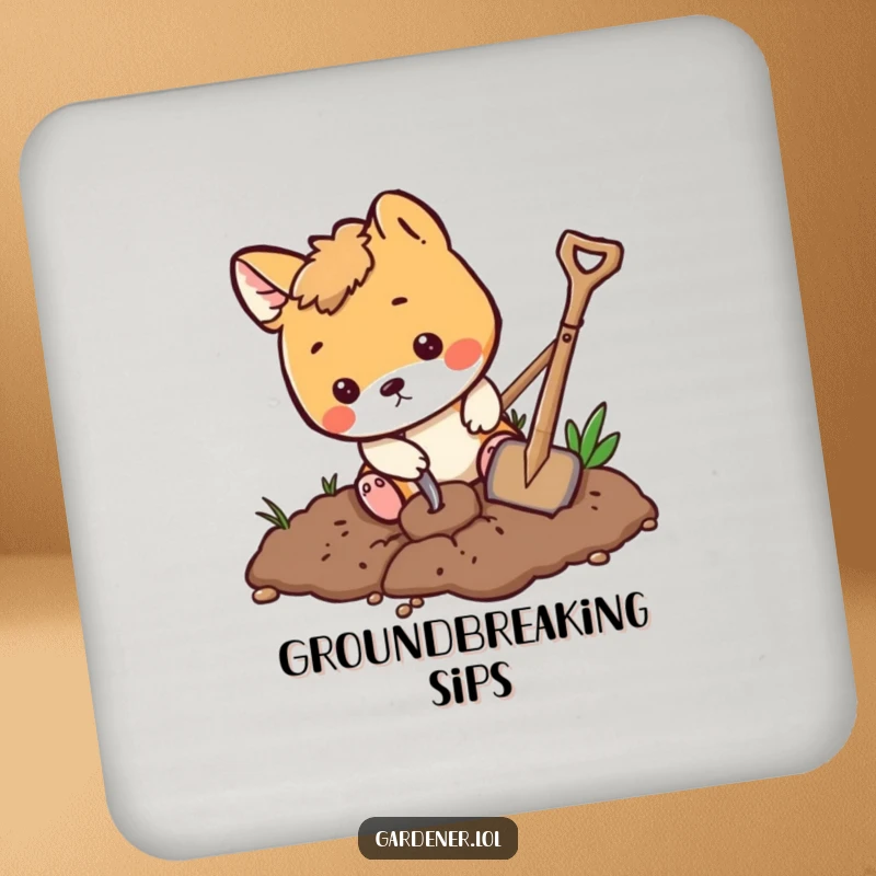 Funny playful animal digging in the dirt with a tiny shovel, protective drink coaster, whimsical garden accessory.