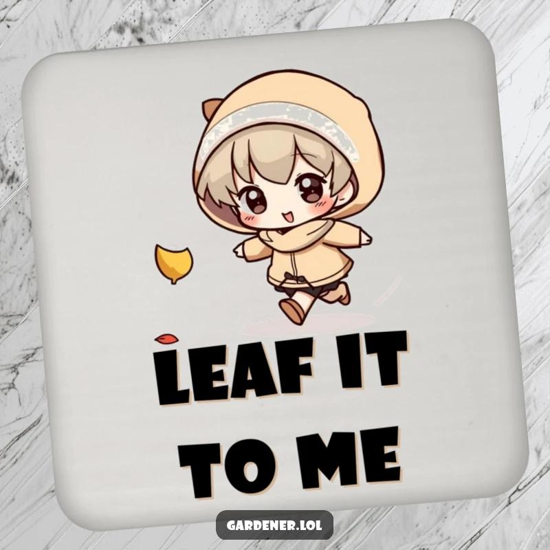 Funny Coasters: A character playfully chases a falling autumn leaf, adding seasonal humor and protecting surfaces.