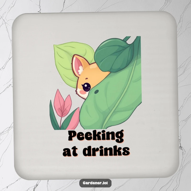 Funny drink coaster showing a cute animal character playfully peeking from behind a large, lush leaf, protecting surfaces with humor.