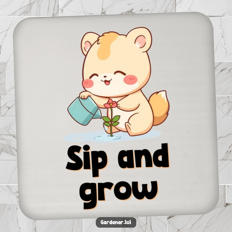 Funny Drink Coasters featuring a cute animal character watering a smiling flower sprout, adding a humorous and protective natural element.