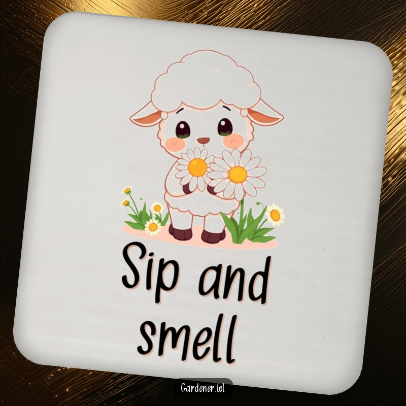 Funny Kawaii sheep gardener coaster featuring a cheerful sheep smelling a large daisy, for surface protection.