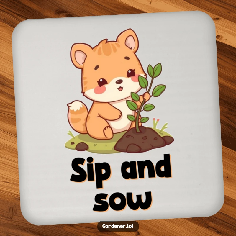 Funny drink coaster with a cute animal character happily planting a small sapling, ideal for protecting surfaces with a cheerful design.