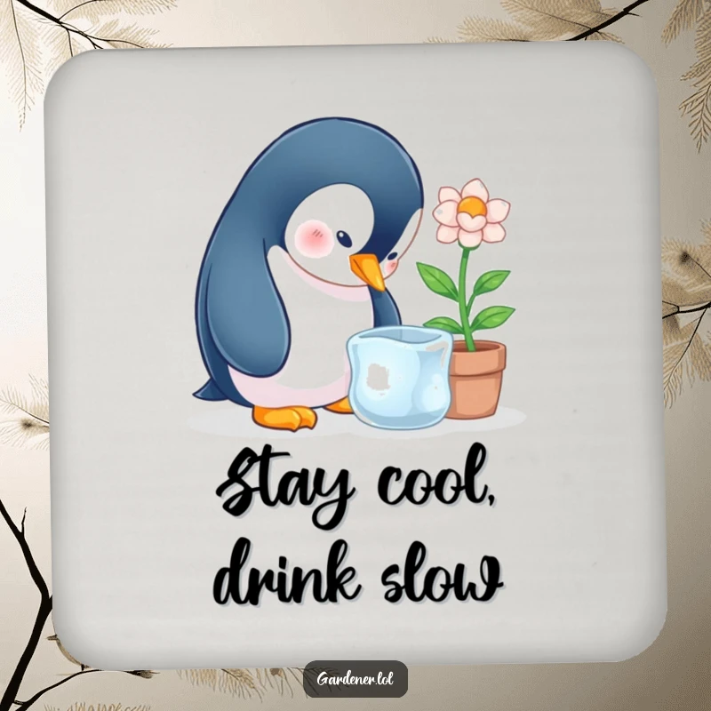 Funny penguin character tending a potted ice flower, designed as a protective and funny coaster.