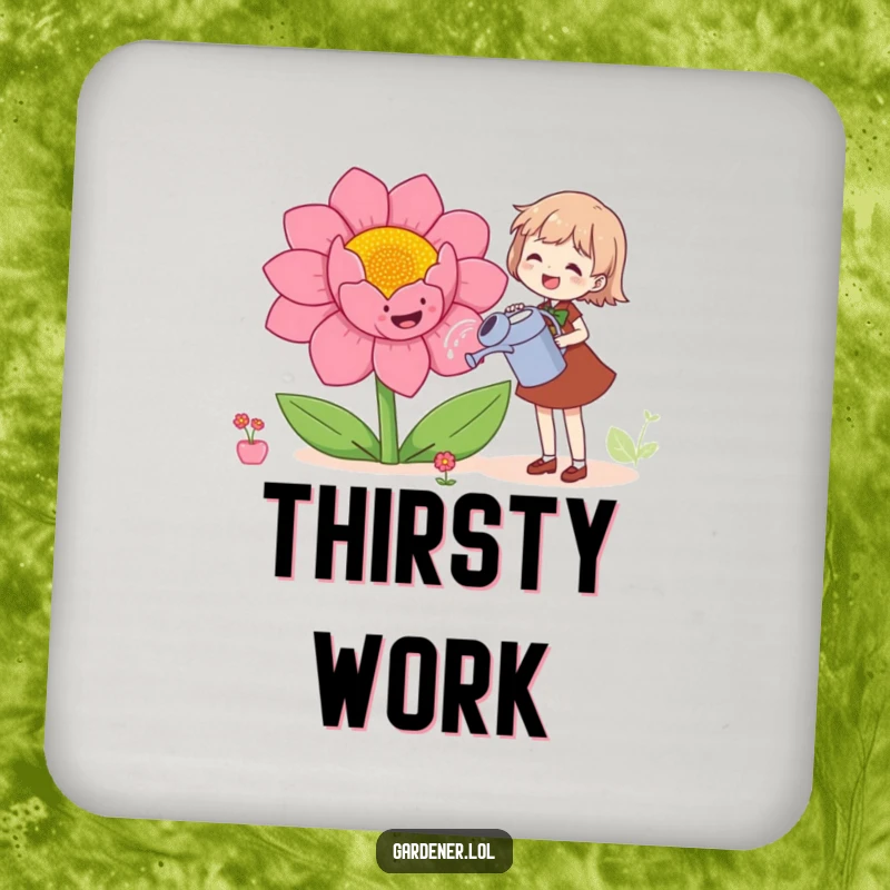 Funny coaster featuring a character joyfully watering a giant, smiling flower, providing protection with garden humor.