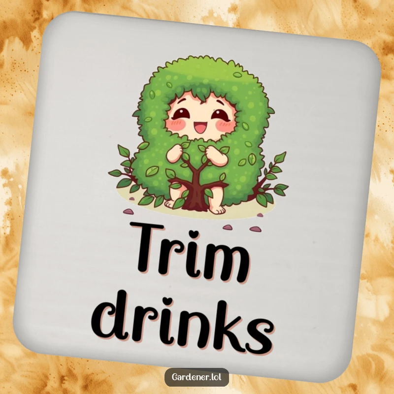 Funny coaster featuring a character gleefully pruning a bush with a focused expression, providing protection with garden humor.