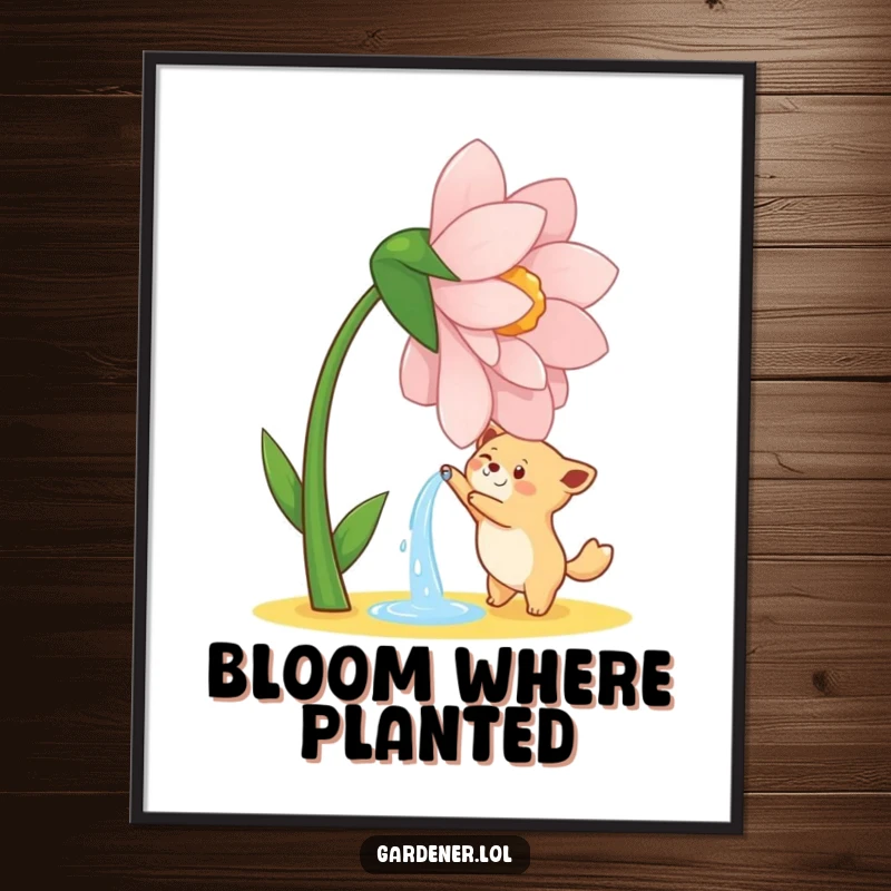 Funny poster art of a cute animal character joyfully watering a giant, dancing flower, celebrating nature's whimsy.