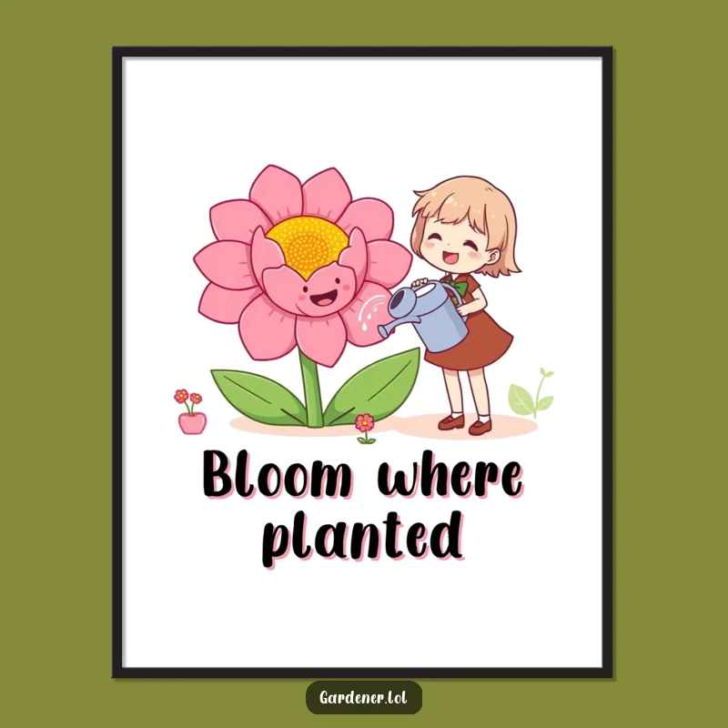 Funny Garden Poster: Joyful Character Watering Giant Flower Art, Humorous Wall Decor