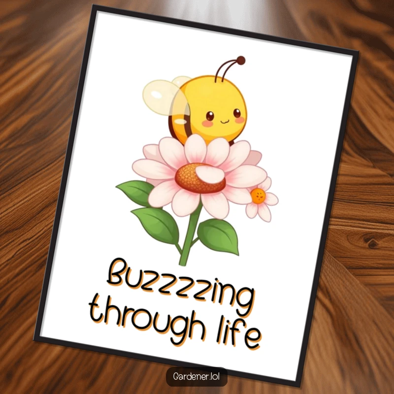 Funny poster print of a character imitating a busy bee buzzing around a flower. Whimsical wall art and a great funny gift.