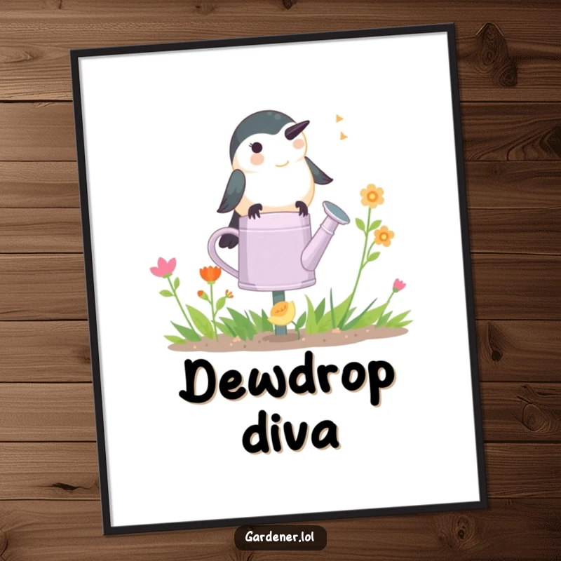 Funny Chickadee Gardener Poster: A happy chickadee chirps on a watering can, creating a charming and joyful garden scene.