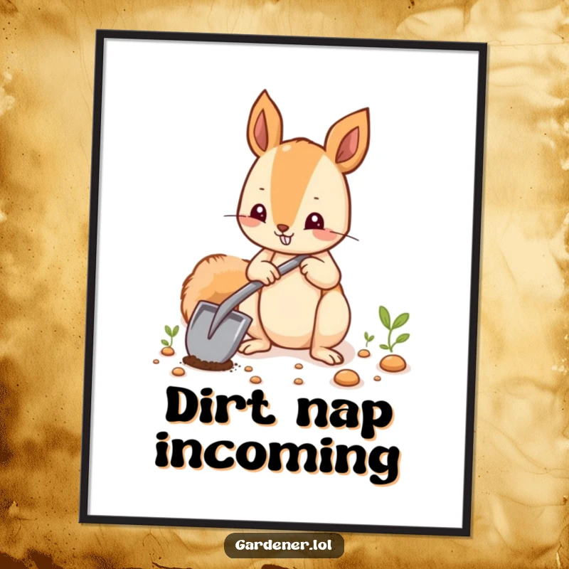 Funny squirrel planting seeds with a small shovel, isolated on a poster for wall art.